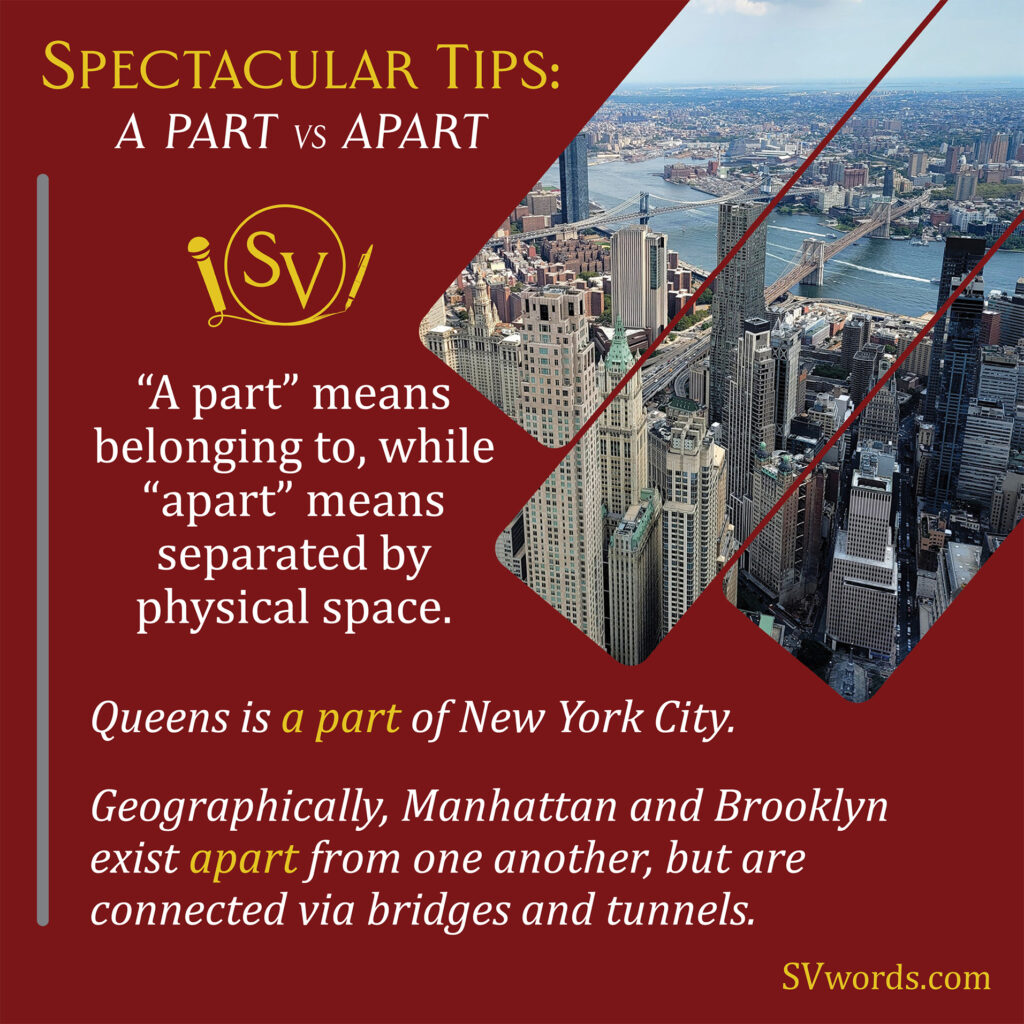 Spectacular Vernacular's Spectacular Tips: "a part" vs "apart"