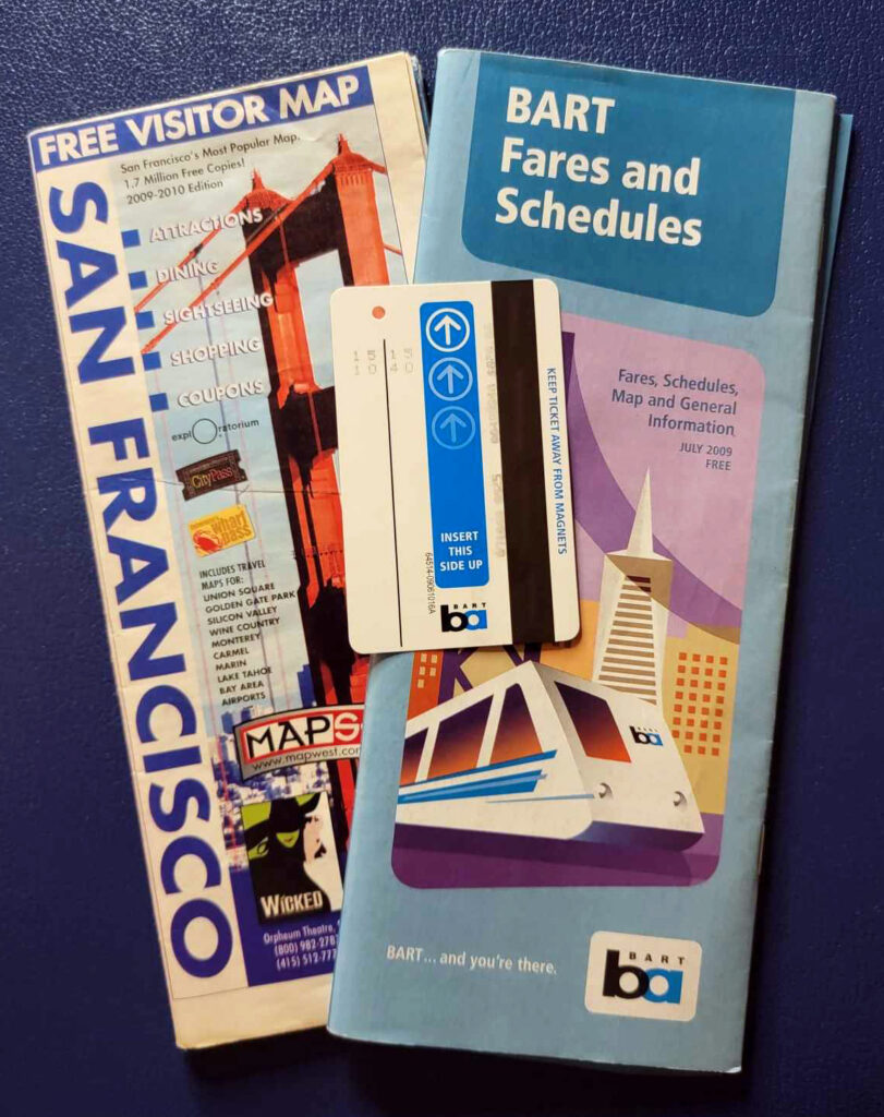 These are physical maps and the BART card I used during my trip to San Francisco in 2009, before smartphone navigation apps were really a thing. Bay Area Rapid Transit is the sixth-busiest transit system in the United States.