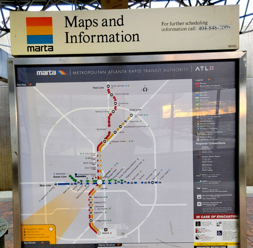 Here's a map of the MARTA system, which features just four lines. The system is underwhelming in that I’d expect it to be more extensive. Nonetheless, you can rock with it to easily get downtown from the airport, and vice versa.