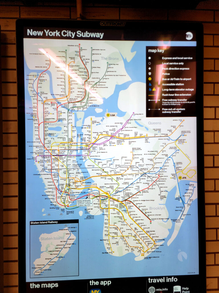 Here’s a system map of the New York City Subway, which is by far the largest mass transit system in the United States. It doesn’t run to Staten Island, though. You have to take the ferry. That’s the only NYC borough I have yet to visit.