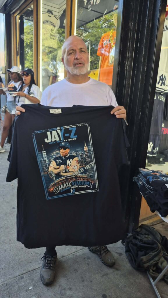 This was one of many street vendors selling Jay-Z-themed shirts outside Yankee Stadium.